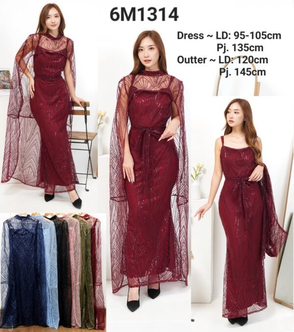 6pcs 6M1314 Setelan Long Dress & Outter
