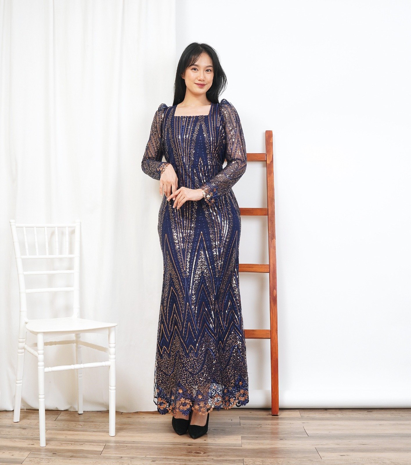 6pcs 6M1320 Long Dress Tangan Panjang - Gambar 4