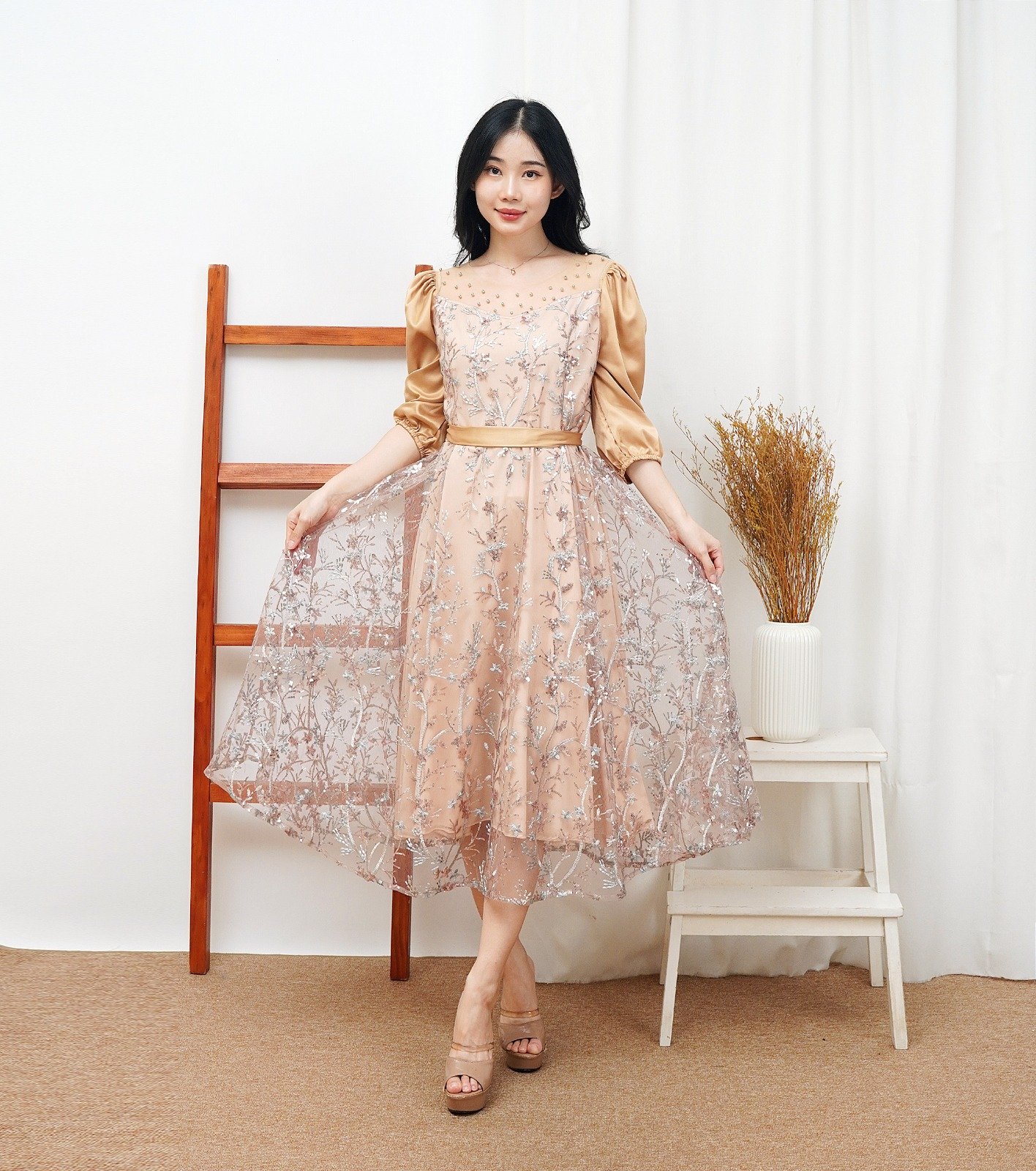 6pcs 6M1353 Dress Midi Tulle Satin - Gambar 3