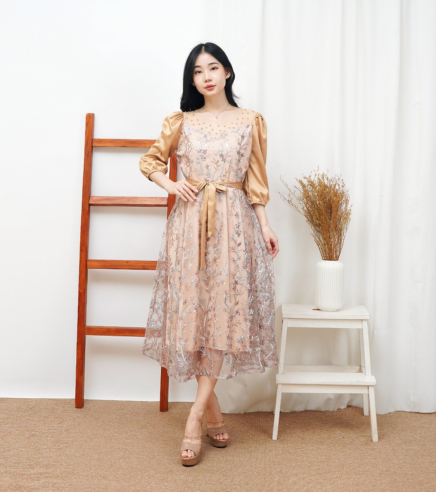 6pcs 6M1353 Dress Midi Tulle Satin - Gambar 2