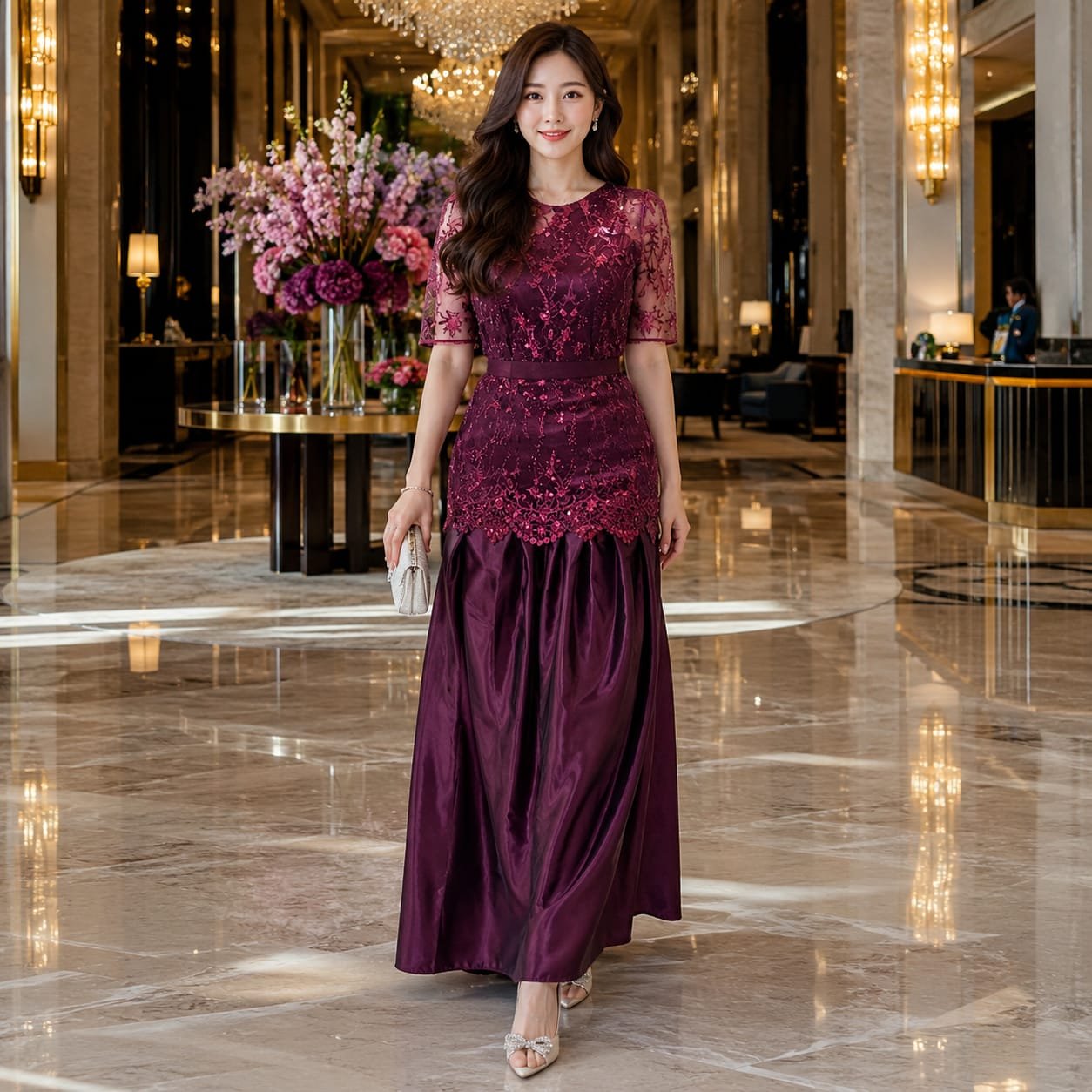 8pcs 8M1405 Long Dress Satin Mekar - Gambar 4
