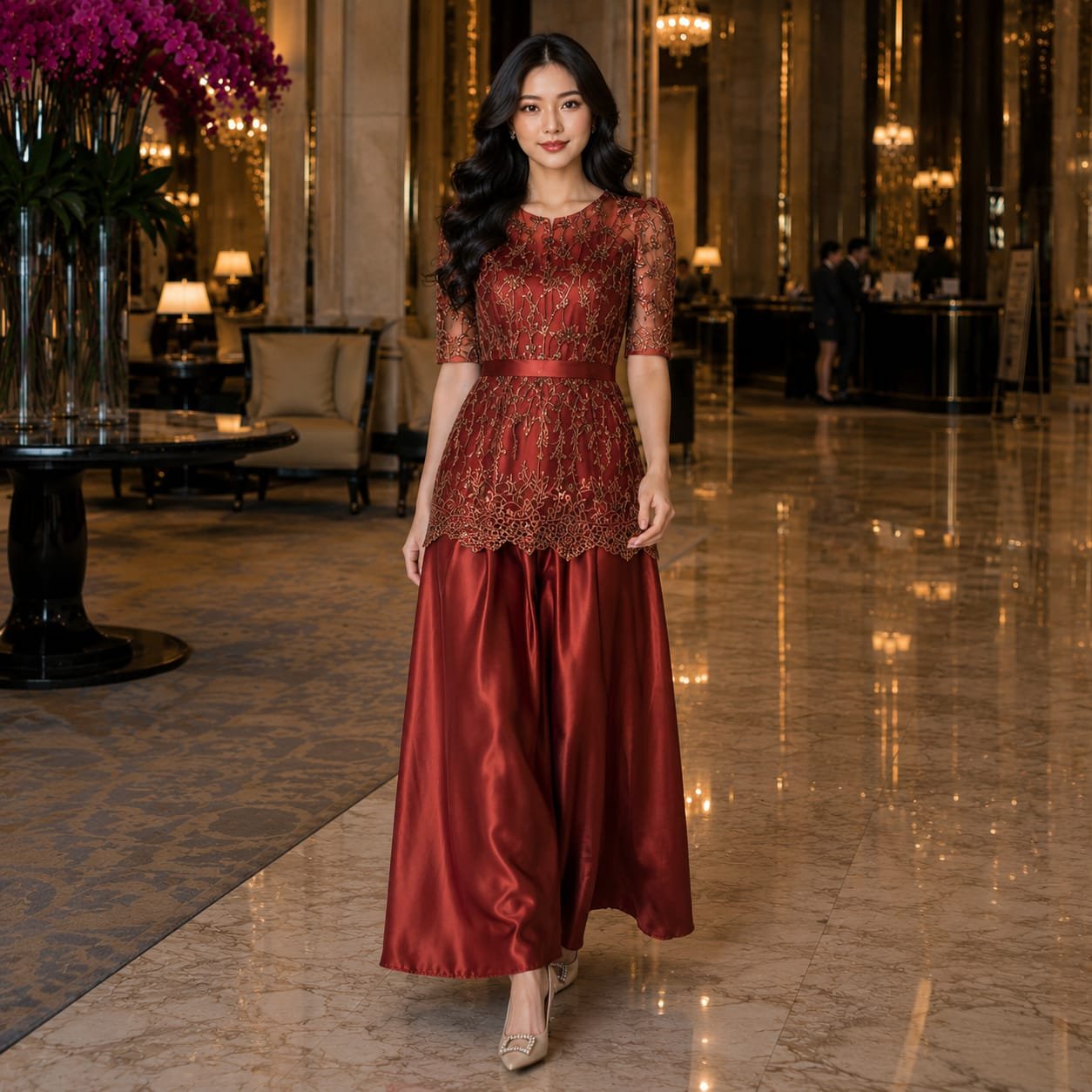 8pcs 8M1405 Long Dress Satin Mekar - Gambar 7