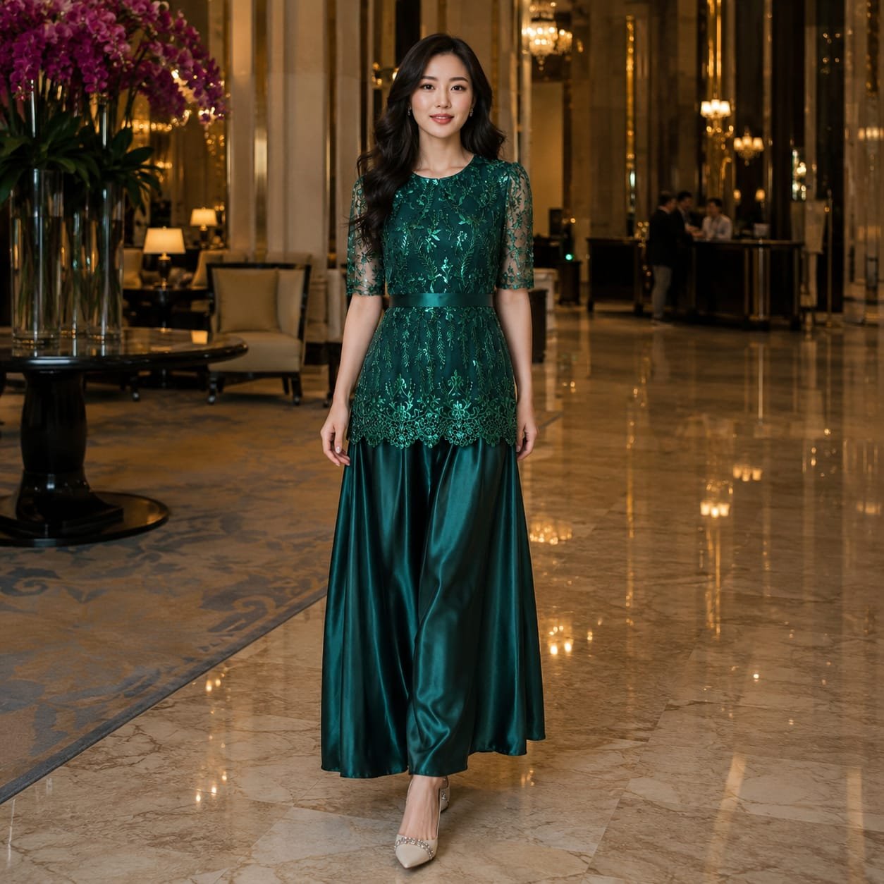 8pcs 8M1405 Long Dress Satin Mekar - Gambar 8